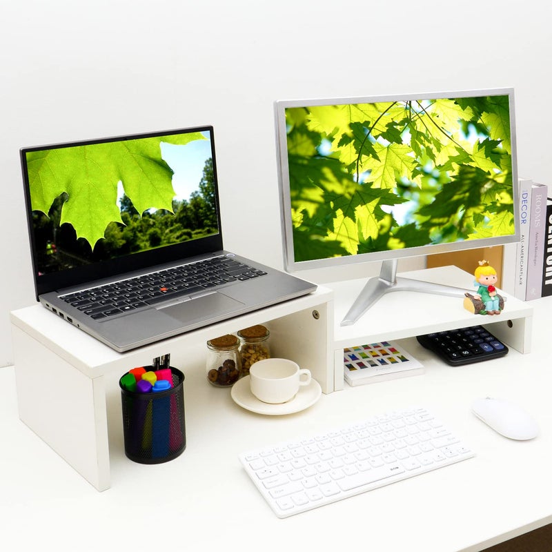 TEAMIX Adjustable White Monitor Stand Riser  2 Pack Wood 2 Tier Adjustable Stand for 2 MonitorsLaptopPC