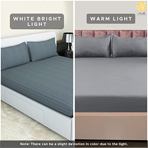 Nendle 300 TC Cotton Elastic Fitted Striped Bedsheets For Double Bed Queen Size 78X60 Inches With 2 Pillow Covers (Fits Upto Mattress Of 10 Inches, Grey) - Image 3
