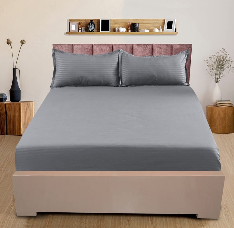 Nendle 300 TC Cotton Elastic Fitted Striped Bedsheets For Double Bed Queen Size 78X60 Inches With 2 Pillow Covers (Fits Upto Mattress Of 10 Inches, Grey) - Image 1