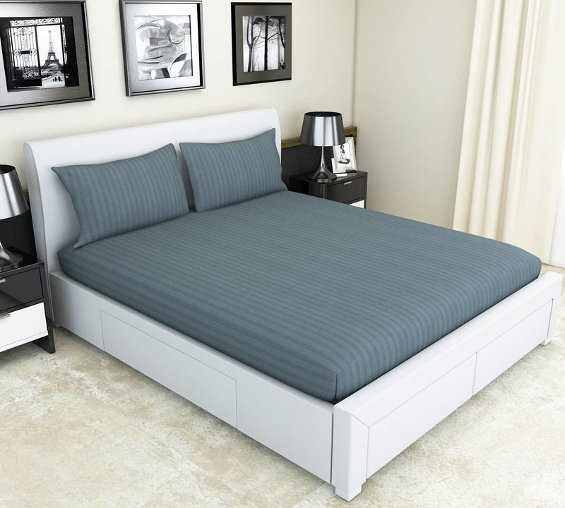 Nendle 300 TC Cotton Elastic Fitted Striped Bedsheets For Double Bed Queen Size 78X60 Inches With 2 Pillow Covers (Fits Upto Mattress Of 10 Inches, Grey) - Image 2