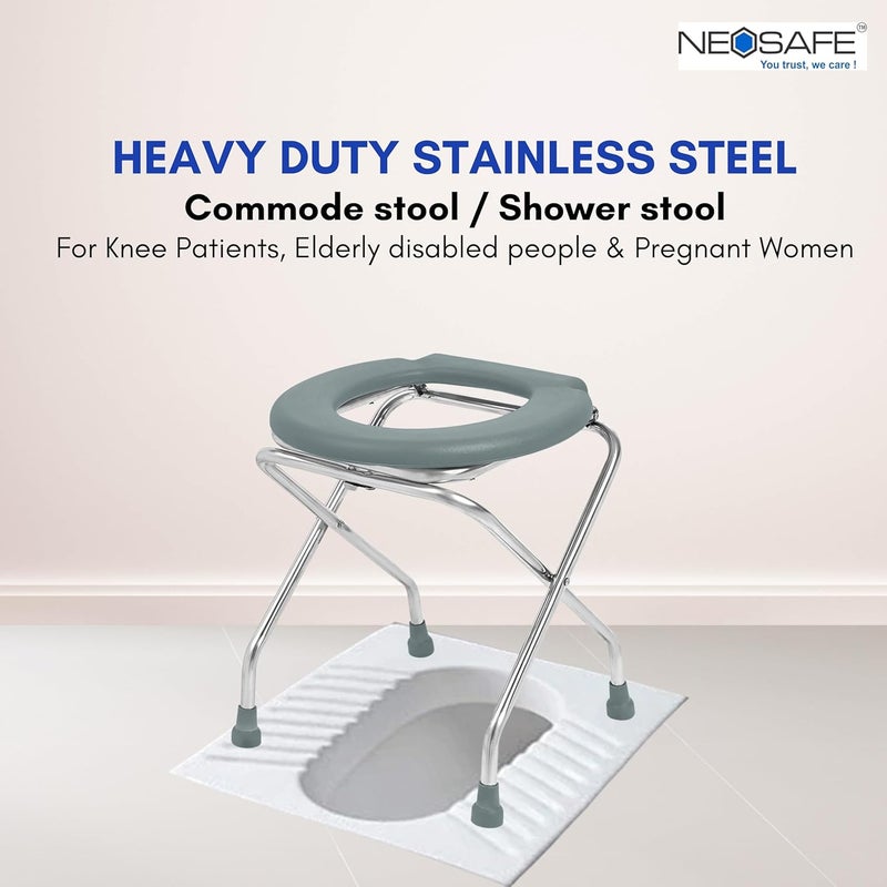 NEOSAFE Stainless Steel Premium Folding Shower Bathing Room Commode Stool Indian Toilet Seat For Elderly Disabled man And Pregant Women Support Safe Chair Anti-Slip (Grey) - Image 2