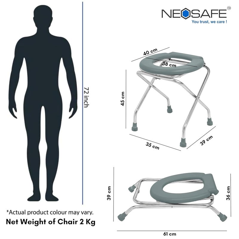 NEOSAFE Stainless Steel Premium Folding Shower Bathing Room Commode Stool Indian Toilet Seat For Elderly Disabled man And Pregant Women Support Safe Chair Anti-Slip (Grey) - Image 5
