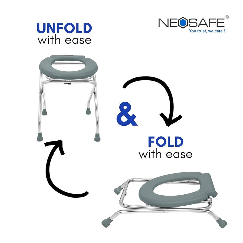 NEOSAFE Stainless Steel Premium Folding Shower Bathing Room Commode Stool Indian Toilet Seat For Elderly Disabled man And Pregant Women Support Safe Chair Anti-Slip (Grey) - Image 4
