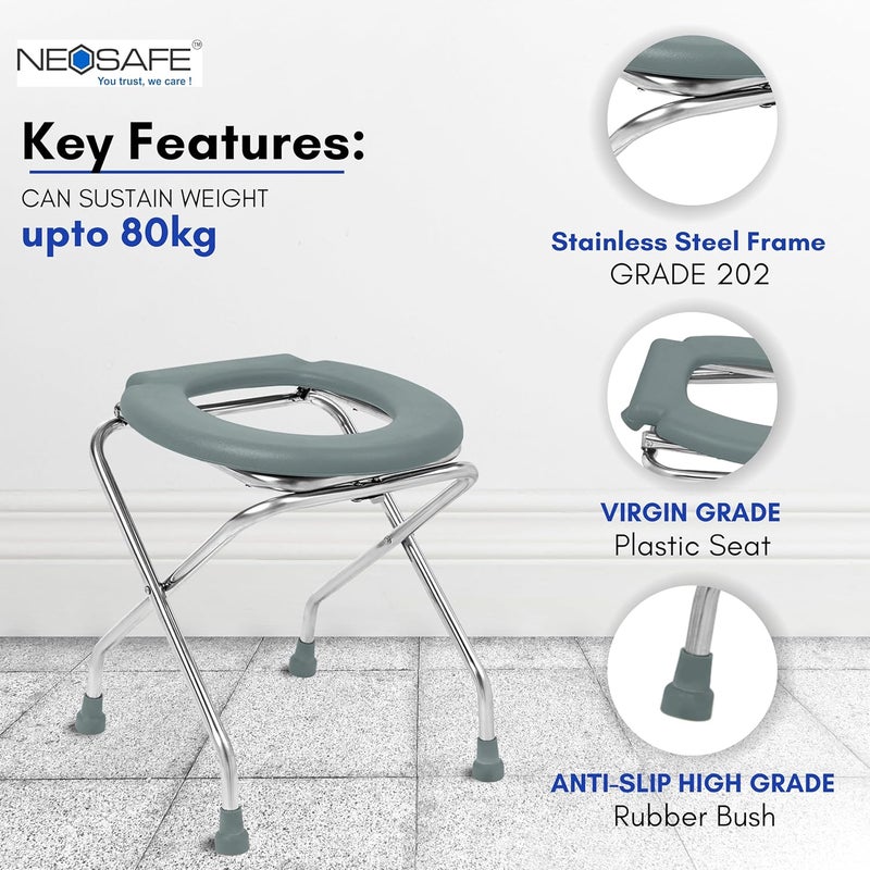 NEOSAFE Stainless Steel Premium Folding Shower Bathing Room Commode Stool Indian Toilet Seat For Elderly Disabled man And Pregant Women Support Safe Chair Anti-Slip (Grey) - Image 3
