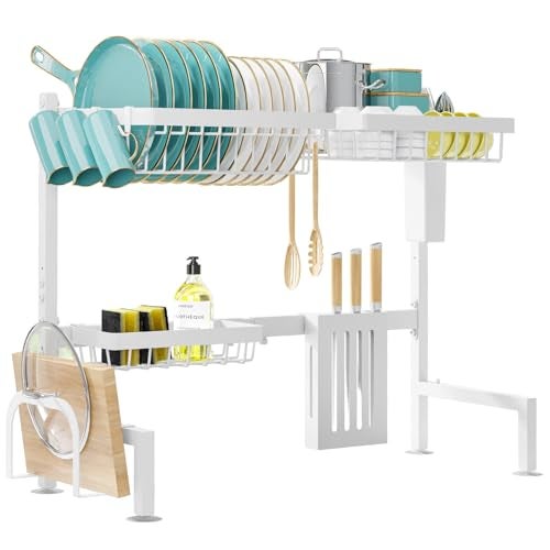 Sakugi Over The Sink Dish Drying Rack - Adjustable 2 Tier Large Capacity Stainless Steel Drainer with Cutlery & Utensil Holders, Kitchen Storage & Organization, 30"-33.9" L x 11" W x 21.5" H, White - Image 4