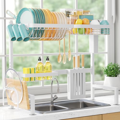 Sakugi Over The Sink Dish Drying Rack - Adjustable 2 Tier Large Capacity Stainless Steel Drainer with Cutlery & Utensil Holders, Kitchen Storage & Organization, 30"-33.9" L x 11" W x 21.5" H, White - Image 1