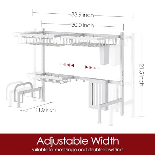 Sakugi Over The Sink Dish Drying Rack - Adjustable 2 Tier Large Capacity Stainless Steel Drainer with Cutlery & Utensil Holders, Kitchen Storage & Organization, 30"-33.9" L x 11" W x 21.5" H, White - Image 3