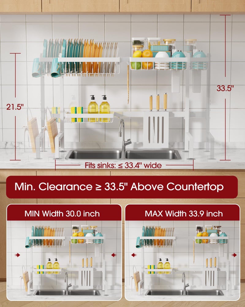 Sakugi Over The Sink Dish Drying Rack - Adjustable 2 Tier Large Capacity Stainless Steel Drainer with Cutlery & Utensil Holders, Kitchen Storage & Organization, 30"-33.9" L x 11" W x 21.5" H, White - Image 5