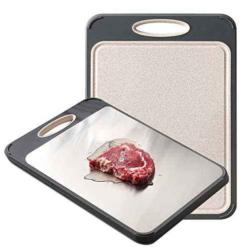 GUANCI Cutting Board for Kitchen Stainless Steel Cutting Board Double Sided for Chopping MeatVegetables Stainless SteelWheat Straw PP Kitchen Gifts Easy to Clean Large 1611