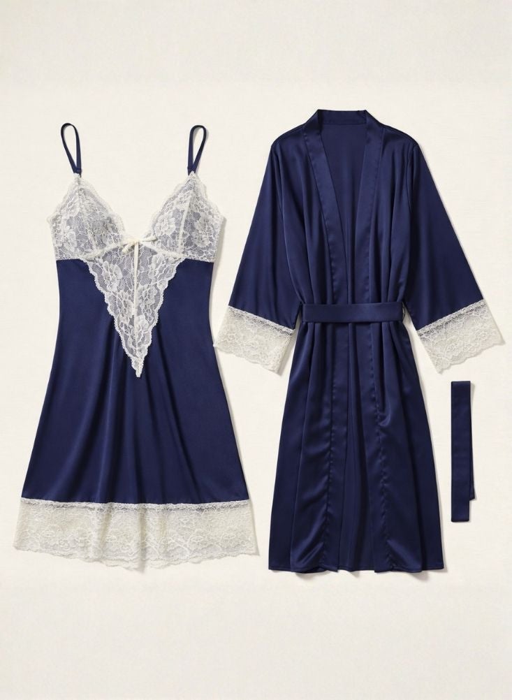 Cute Luxury Women Lace Nightdress with Robe in Navy Blue & White – Elegant Lace Trim Sleepwear Set - Image 4