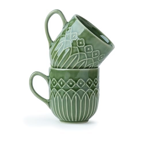 Shay Ceramic Coffee Mug Set, Set of 2, 330ml, Green Carving | Medium Mug | Glossy Finish | Porcelain Coffee Cup Set | Microwave Safe (Carving Milk Mug, Green, Set of 2) - Image 1