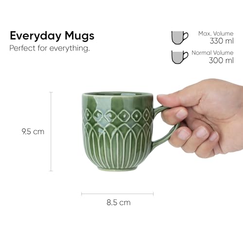 Shay Ceramic Coffee Mug Set, Set of 2, 330ml, Green Carving | Medium Mug | Glossy Finish | Porcelain Coffee Cup Set | Microwave Safe (Carving Milk Mug, Green, Set of 2) - Image 4