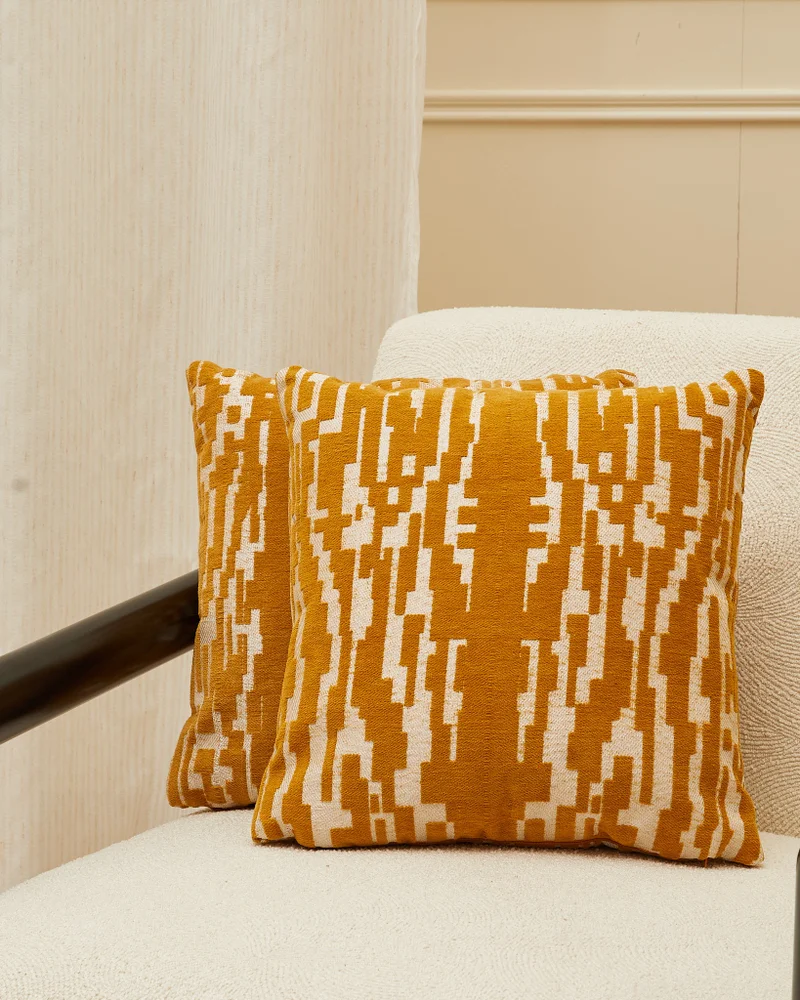REDTAG Gold Printed Jacquard Cushion Cover (Pack of 2)