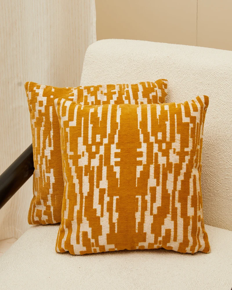 REDTAG Gold Printed Jacquard Cushion Cover (Pack of 2)