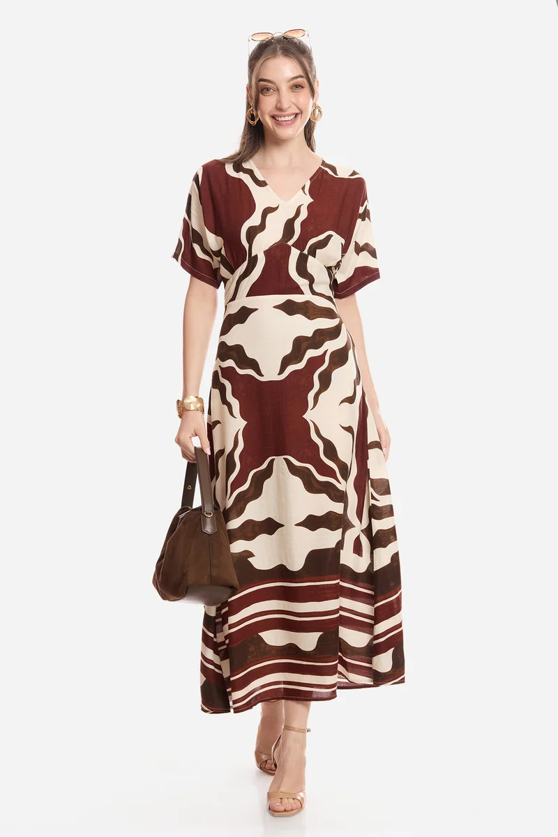 Virgio Abstract Viscose Printed Empire Dress for Women
