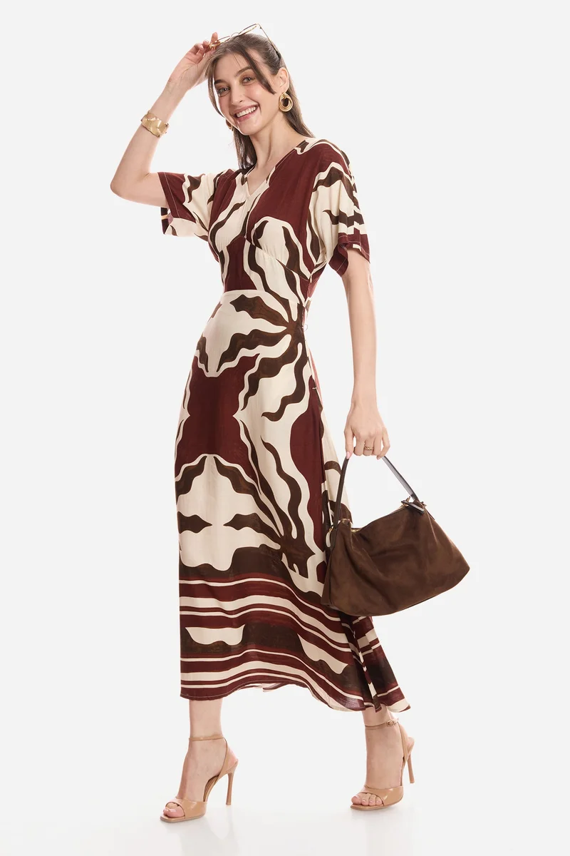 Virgio Abstract Viscose Printed Empire Dress for Women