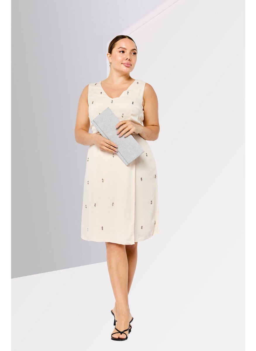 Harmont & Blaine - Women Rhinestone Mini Dress, Cream - Image 1