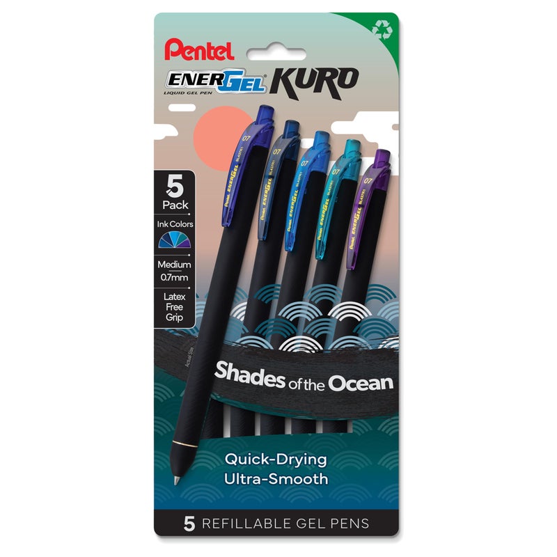 Pentel EnerGel Kuro Shades of the Ocean, Retractable Liquid Gel Pen, Assorted Ink Colors, Pack of 5 (BL437OCNPF5) - Image 1