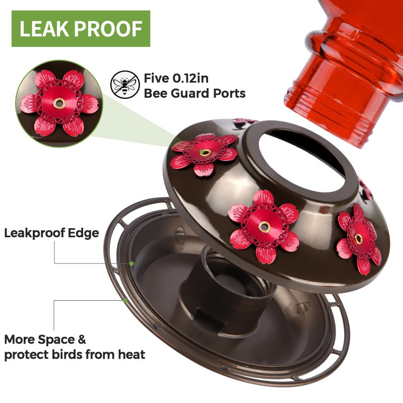 BOLITE Hummingbird Feeder, BOLITE Glass Hummingbird Feeders for Outdoors Hanging, with Ant Moat and Five Feeding Ports, 22 Ounces, Leak Proof, Red, Birthday Gifts for Women Men, Gifts for Mom Dad - Image 4