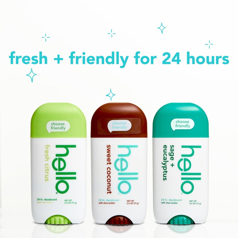 Hello باقة متنوعة من مزيل العرق (جوز الهند الحلو، الحمضيات الطازجة، الميرمية البيضاء) للنساء والرجال، خالي من الألمنيوم، خالي من بيكربونات الصوديوم، خالي من البارابين، حماية من الروائح لمدة 24 ساعة، 2.6 أونصة، 3 عبوات - Image 3