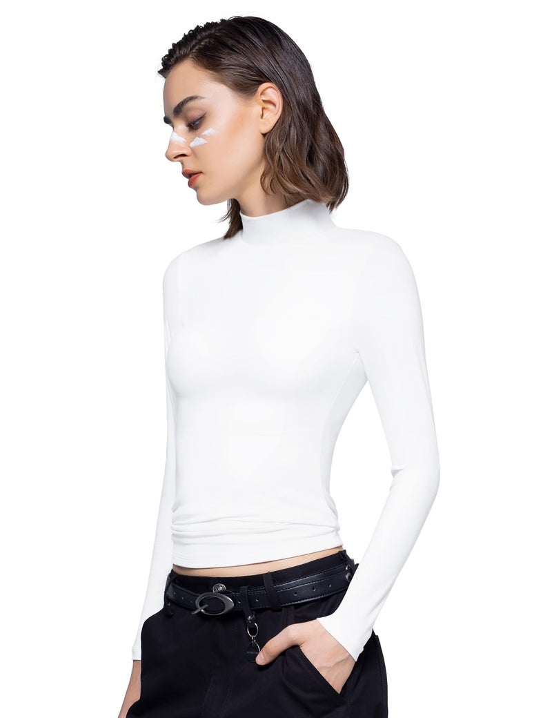 PUMIEY Long Sleeve Shirts for Women Turtleneck Slim Fit T Shirts Going Out Tops Basic Tee, Splashed White Small - Image 2