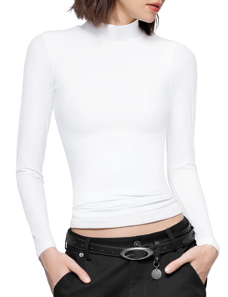 PUMIEY Long Sleeve Shirts for Women Turtleneck Slim Fit T Shirts Going Out Tops Basic Tee, Splashed White Small - Image 1
