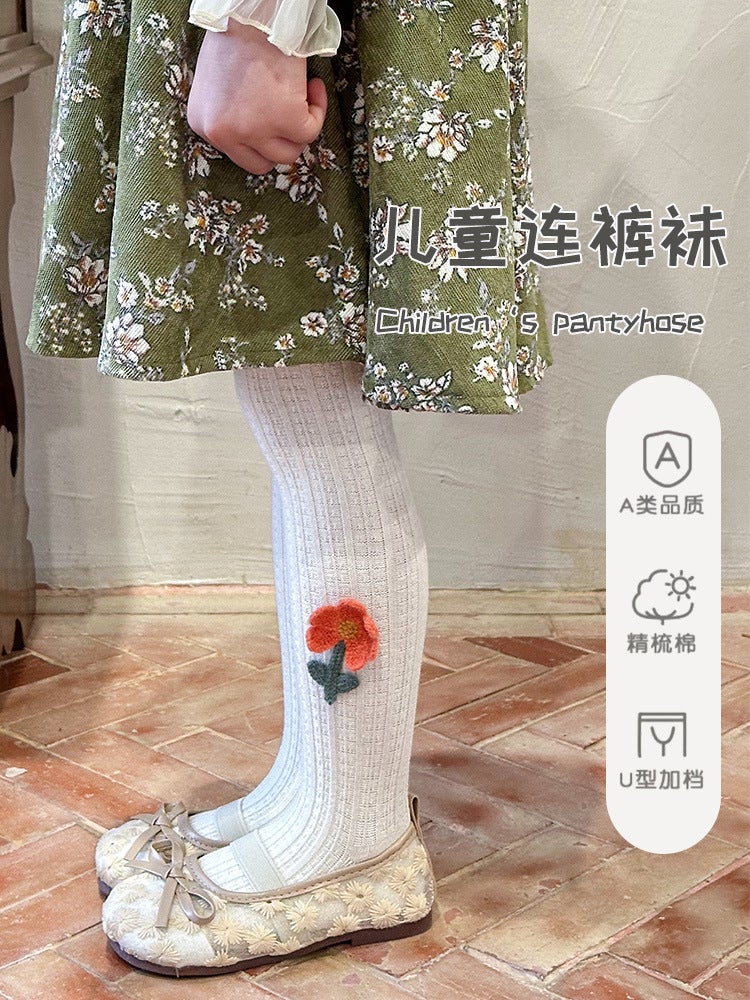 Pantyhose Girls Leggings Children'S Pantyhose Class A Solid Color Pastoral Flowers Big Elastic Baby Pantyhose - Image 4