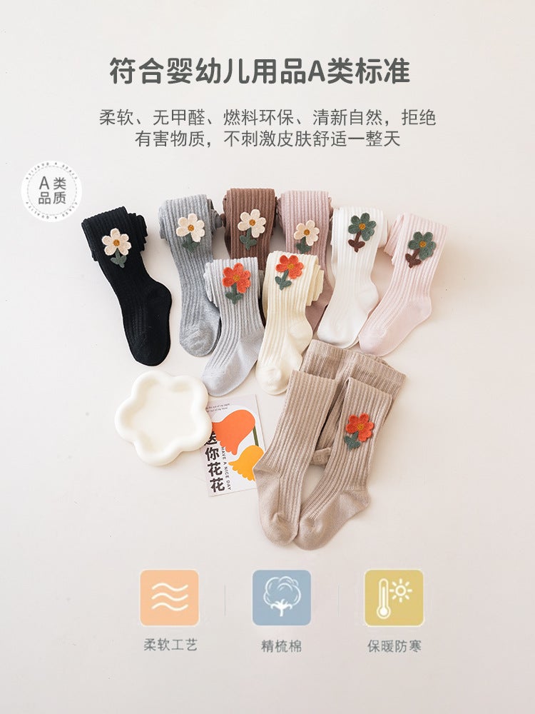Pantyhose Girls Leggings Children'S Pantyhose Class A Solid Color Pastoral Flowers Big Elastic Baby Pantyhose - Image 3