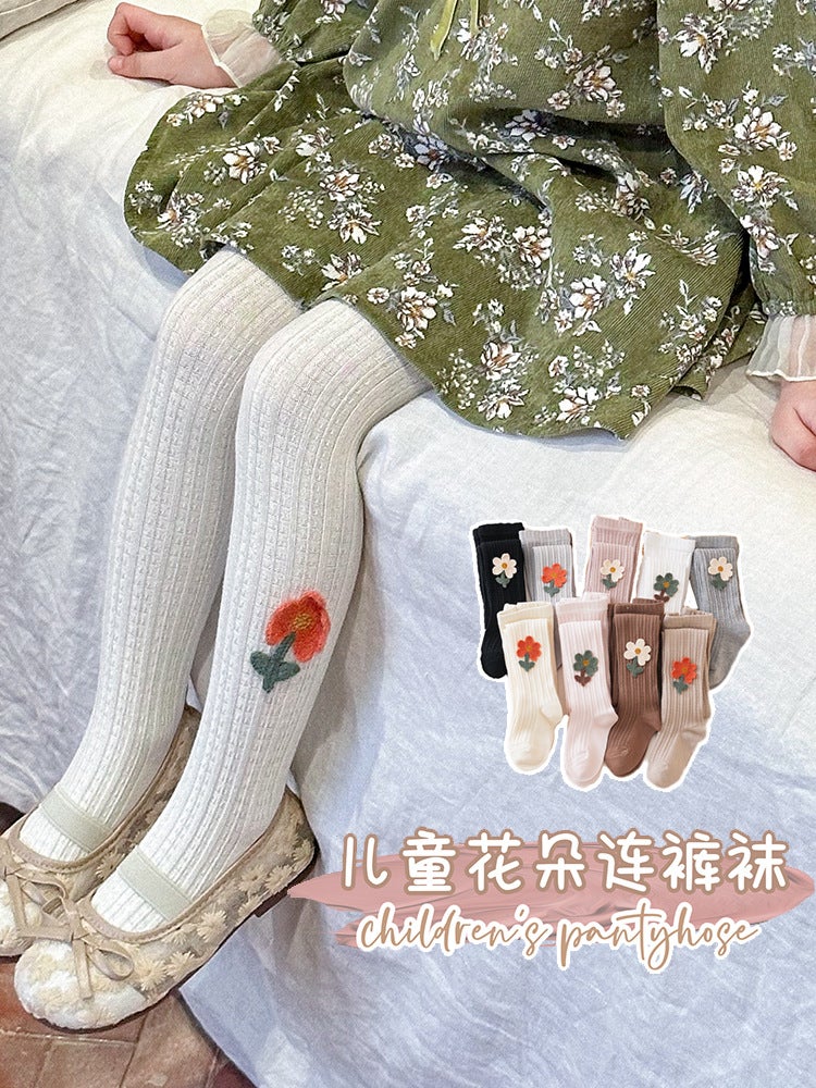 Pantyhose Girls Leggings Children'S Pantyhose Class A Solid Color Pastoral Flowers Big Elastic Baby Pantyhose - Image 2