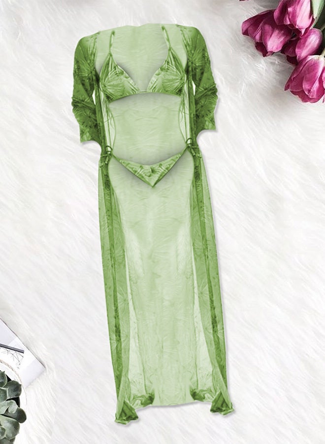 MARGOUN Medium Size Three-piece Digital Printing Bikini Ladies Beach Sunscreen Blouse Swimsuit Long Lace Dress Sheer Dress Sheer Kimono Dress Green /M3109  - Image 1