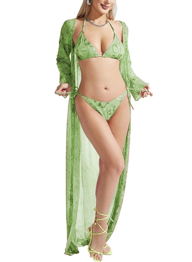 MARGOUN Medium Size Three-piece Digital Printing Bikini Ladies Beach Sunscreen Blouse Swimsuit Long Lace Dress Sheer Dress Sheer Kimono Dress Green /M3109 - Image 1