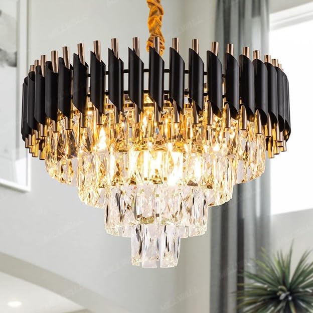 Penzy Crystal Chandeliers Black Gold K9 Crystal 4 Tier Round Crystal Chandelier Ceiling Light Fixture for Living Room and Hallway 500mm - Image 1
