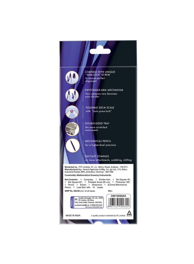 Classmate Asteroid Geometry Box | Compass-cum-Divider with arm locking mechanism | 30 cm Foldable Scale| Mechanical Pencil | Double sided tray - Image 4