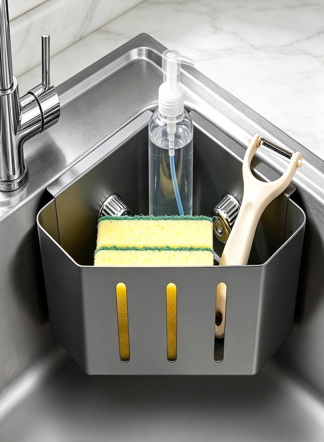 XSMNER Suction Cup Sponge Holder for Kitchen Sink, Heavy Duty Rustproof Carbon Steel Corner Sink Caddy with Drainage, Sink Sponge Holder with Suction Cups for Sponge, Brush, Scourer, Soap - Image 1