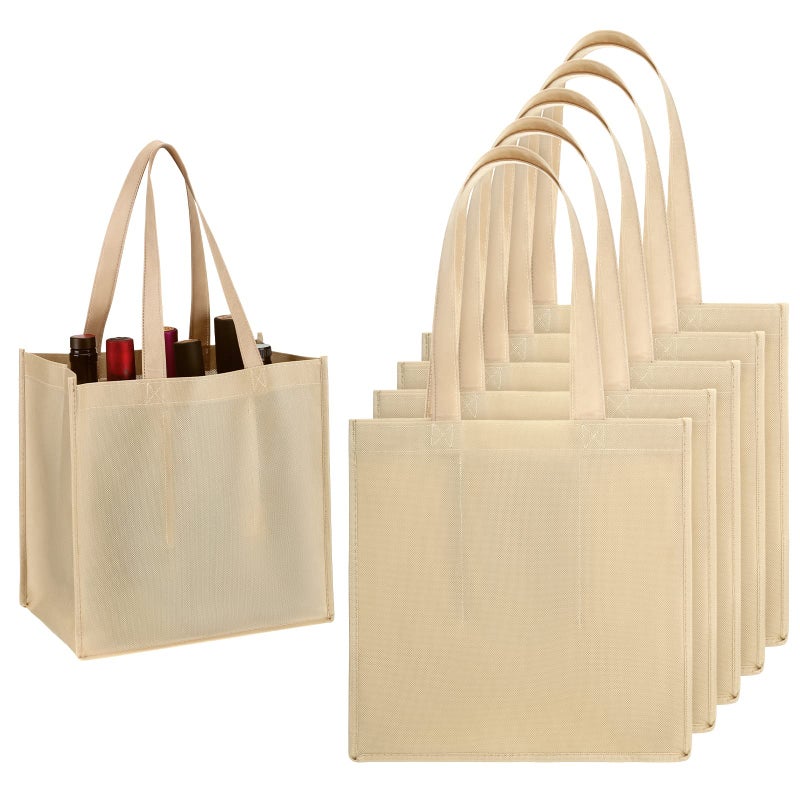 Hoolerry 6 Pcs 6 Bottle Non Woven Wine Carrier with Divider Washable Reusable Tote Bag Portable Wine Gift Bag for Travel Camping Picnic