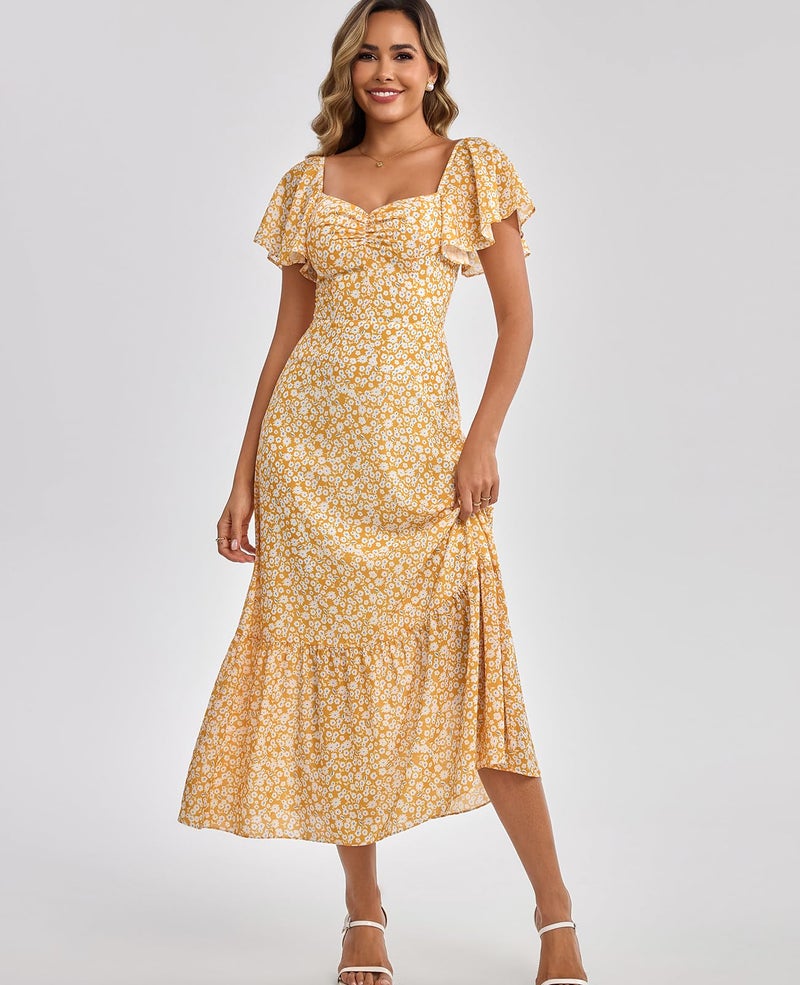 GLNEGE Women's 2026 Summer Midi Floral Boho Dresses Casual Flowy Beach Short Sleeve Dress Ruffle Hem Smocked Sundresses - Image 4