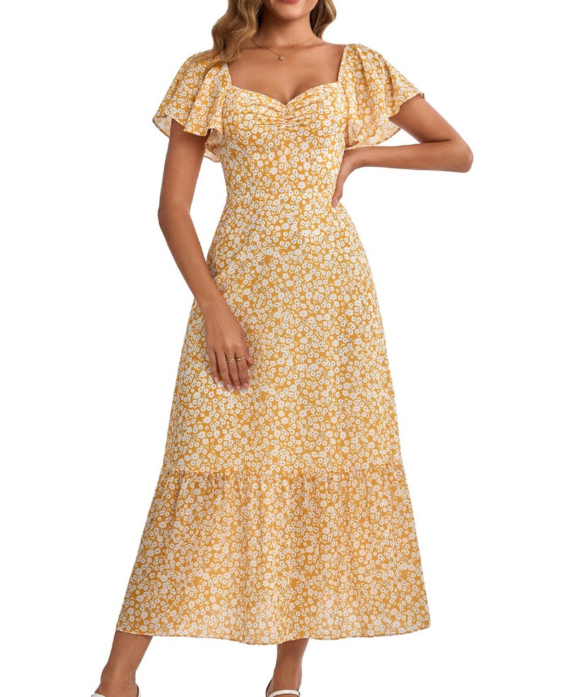 GLNEGE Women's 2026 Summer Midi Floral Boho Dresses Casual Flowy Beach Short Sleeve Dress Ruffle Hem Smocked Sundresses - Image 1