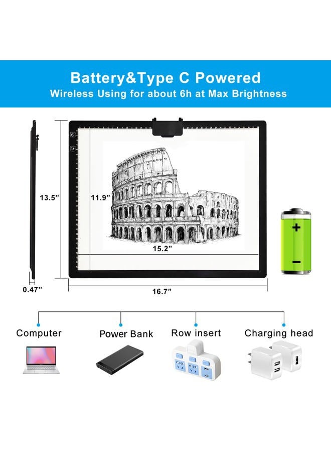 TOHETO A3 Light Pad, Wireless Battery Powered Light Box 3 Colors Stepless Dimmable and 6 Levels of Brightness Light Board for Tracing, Rechargeable LED Copy Board for Diamond Painting, Sketching - Image 3