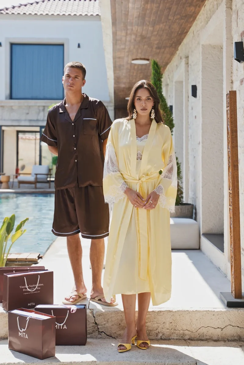 Mita Concept YELLOW SATIN BATWING-SLEEVE KIMONO WITH WHITE FRENCH LACE