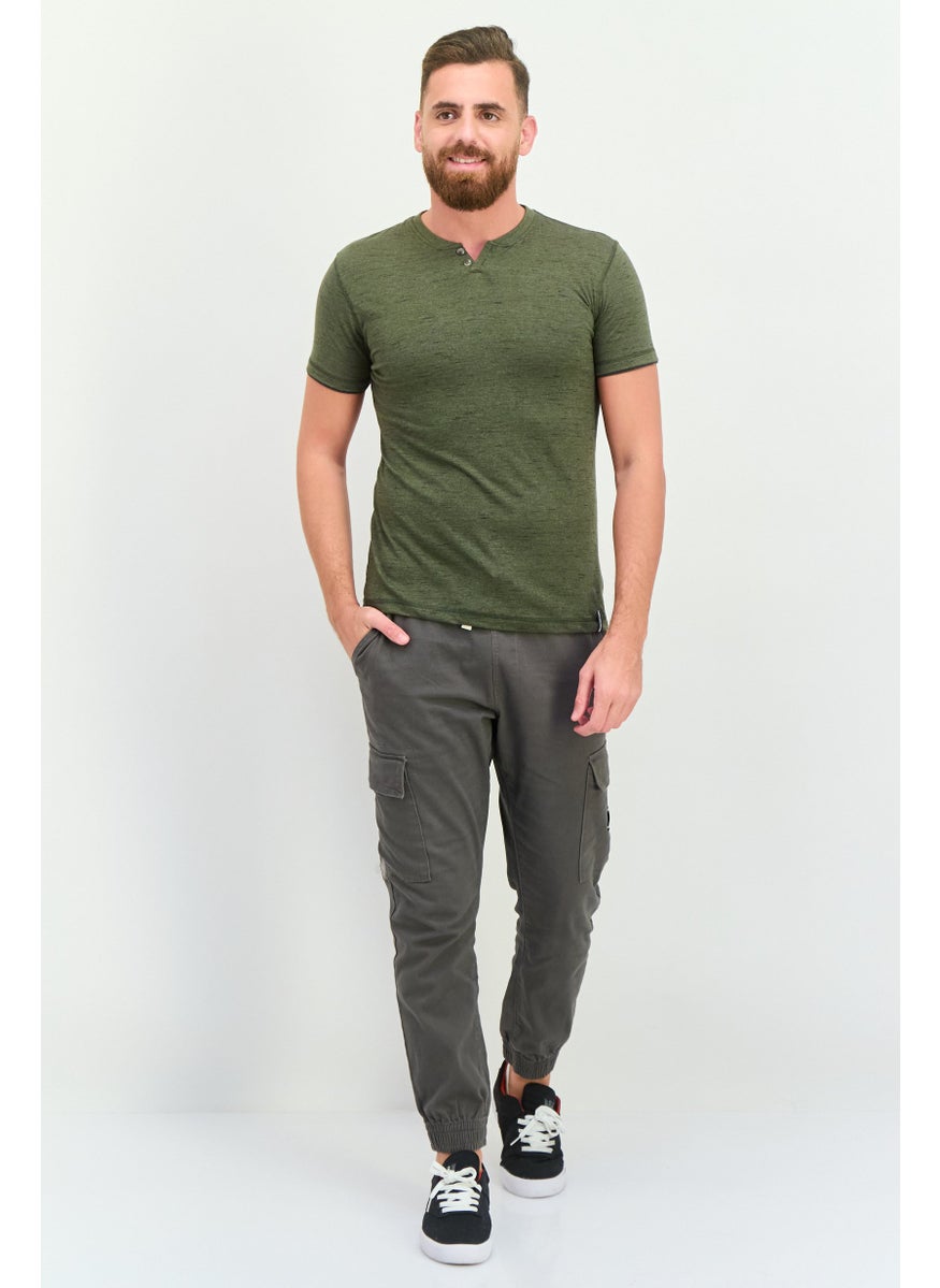 Company Eighty One - Men Henley Neck Short Sleeves Heather T-Shirt, Dark Olive - Image 1