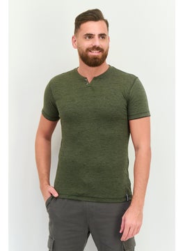 Men Henley Neck Short Sleeves Heather T-Shirt, Dark Olive