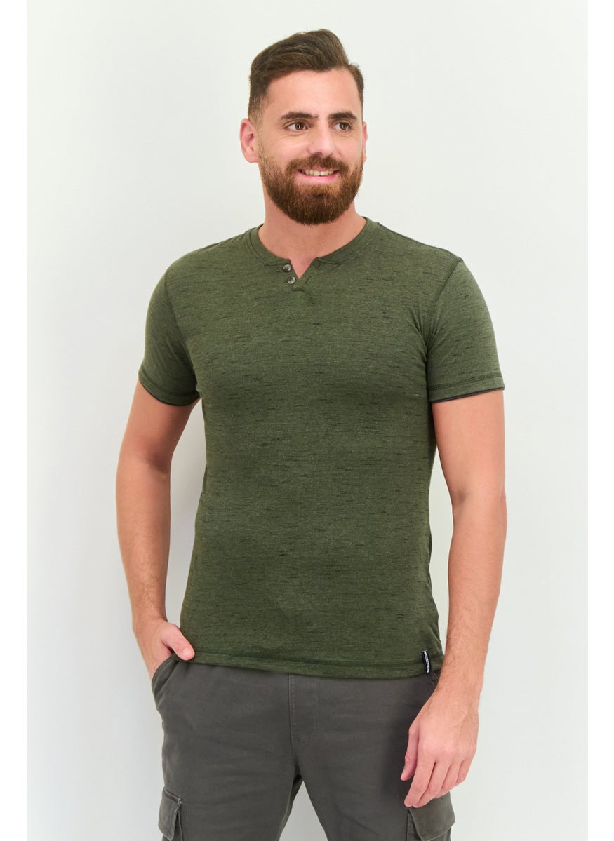 Company Eighty One - Men Henley Neck Short Sleeves Heather T-Shirt, Dark Olive - Image 1
