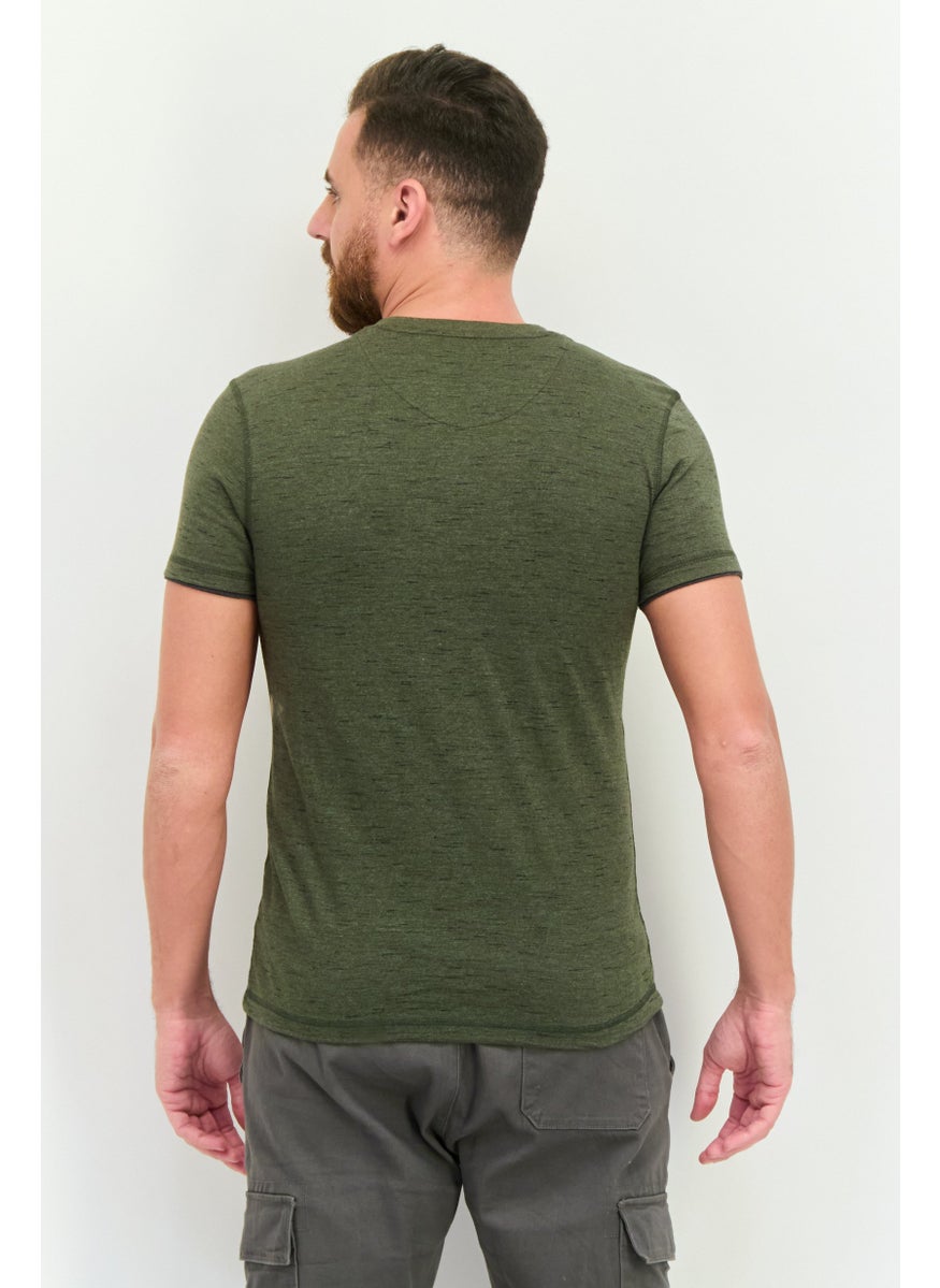Company Eighty One - Men Henley Neck Short Sleeves Heather T-Shirt, Dark Olive - Image 1