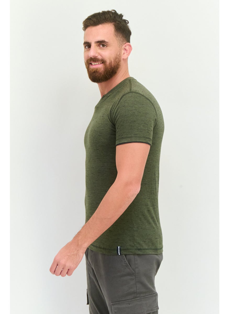 Company Eighty One - Men Henley Neck Short Sleeves Heather T-Shirt, Dark Olive - Image 1