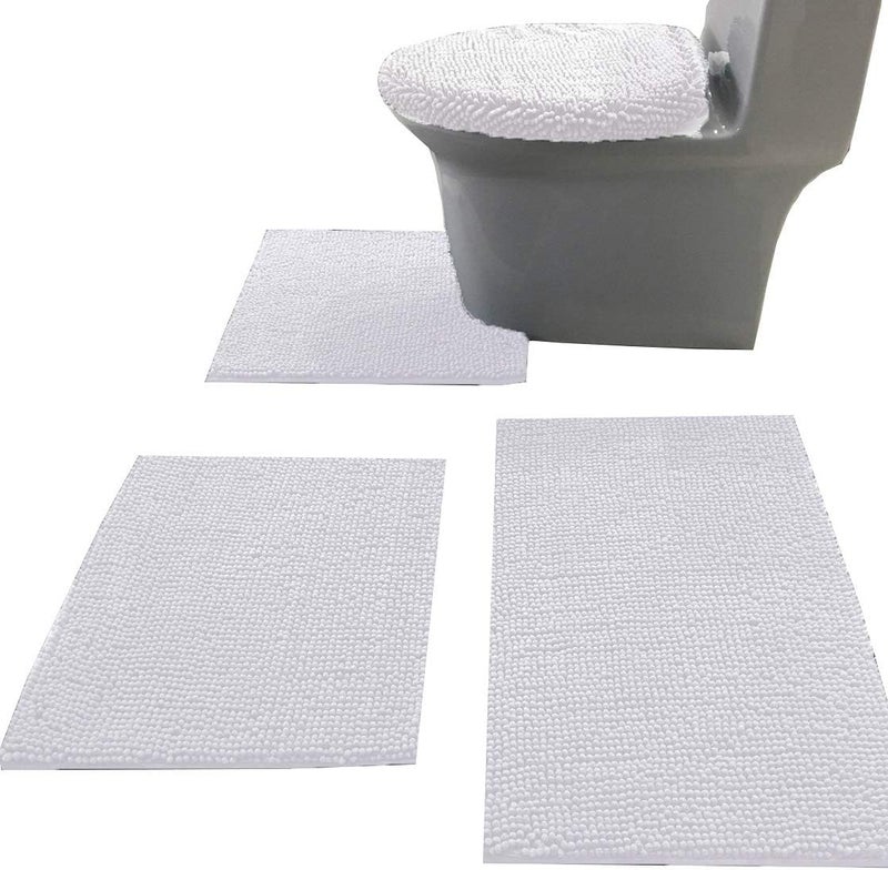 Bath Rug Set Combo - 4 Piece with Toilet Lid Cover and U-Shaped Toilet Floor Rug, White