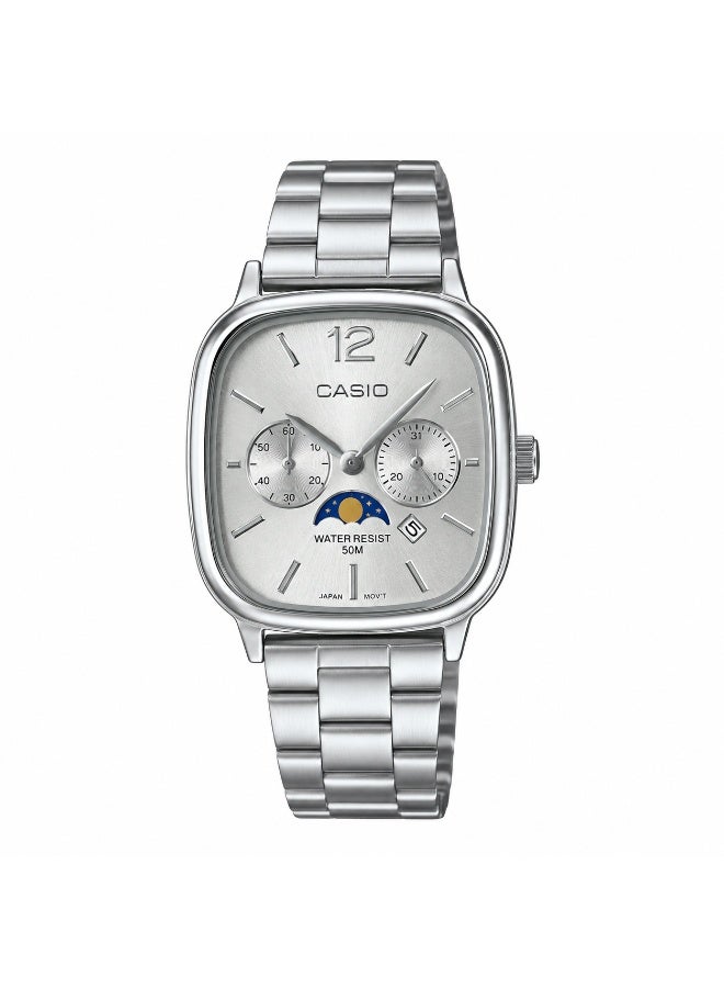 Casio Analog Watch with Silver-Tone Square Case, Stainless Steel Bracelet, 50m Water Resistant
