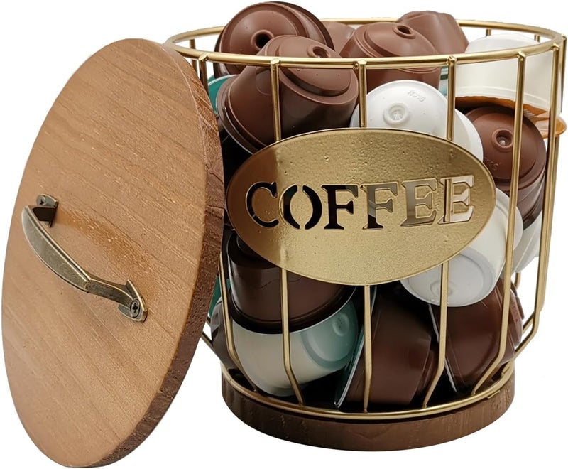 MFBJXC Round Coffee Pods Holder with Wooden Lid and Base,Wire Coffee Pods Storage Basket for Home Cafe Bar Countertop Decor(Gold) - Image 2