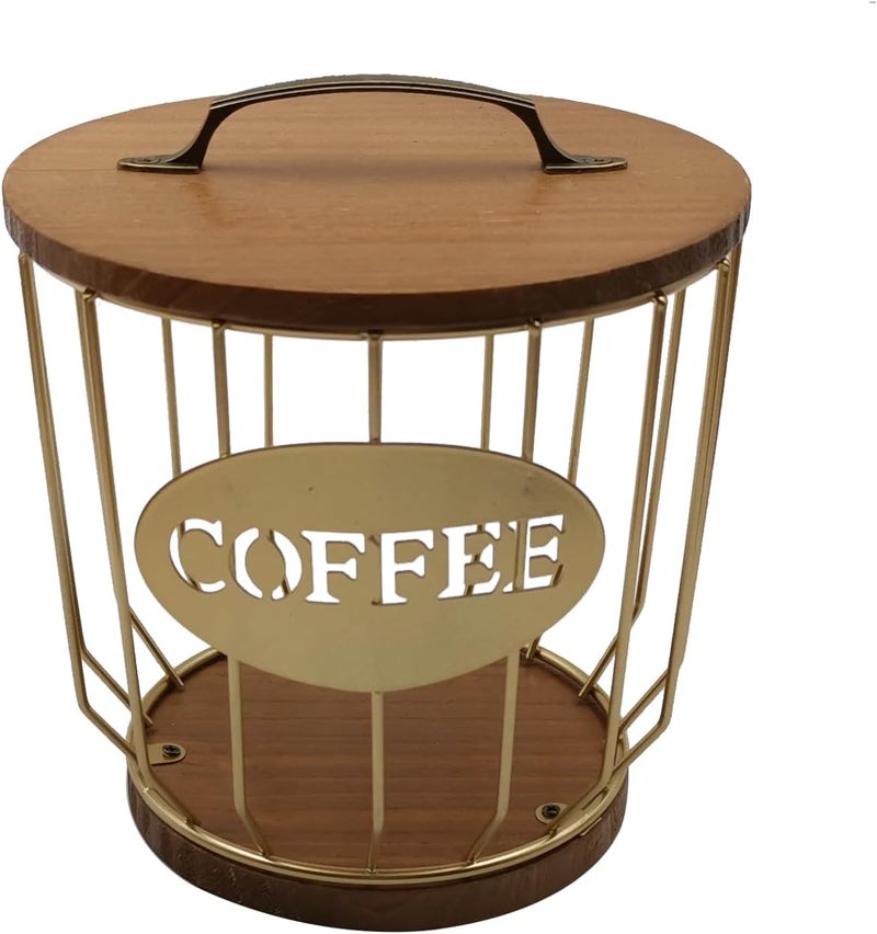 MFBJXC Round Coffee Pods Holder with Wooden Lid and Base,Wire Coffee Pods Storage Basket for Home Cafe Bar Countertop Decor(Gold) - Image 1