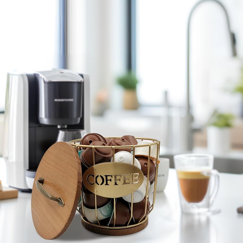 MFBJXC Round Coffee Pods Holder with Wooden Lid and Base,Wire Coffee Pods Storage Basket for Home Cafe Bar Countertop Decor(Gold) - Image 5