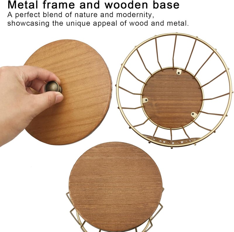MFBJXC Round Coffee Pods Holder with Wooden Lid and Base,Wire Coffee Pods Storage Basket for Home Cafe Bar Countertop Decor(Gold) - Image 3